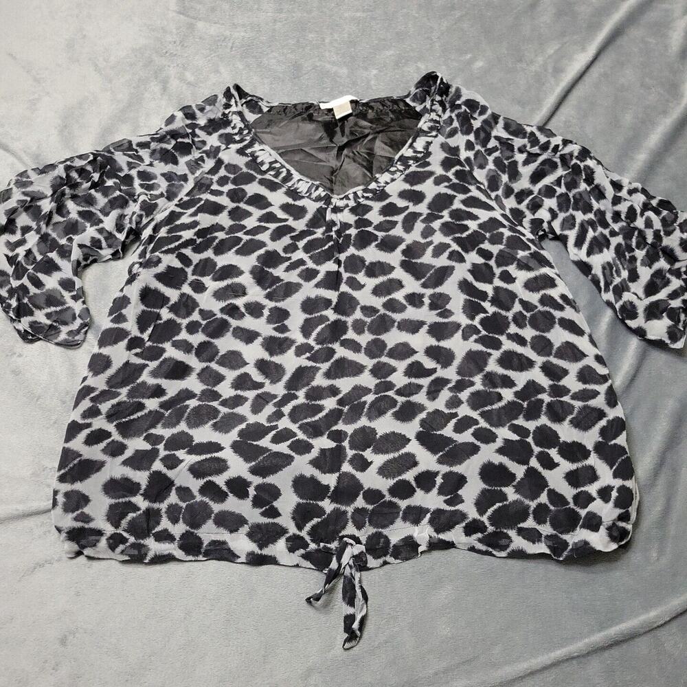 Kenar Blouse Women XL Shirt Black Leapord Silk Short Sleeve Drawstring Waist Top